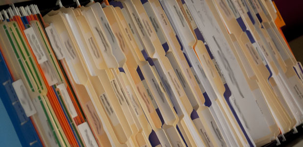 A photograph of file folders taken from above