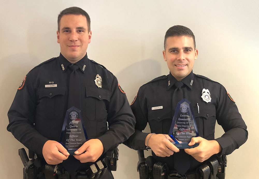 UTPD Officer Jeffrey Quirin, left, and Officer Lester Gonzalez have been named University Officers of the Year for the East Tennessee region.