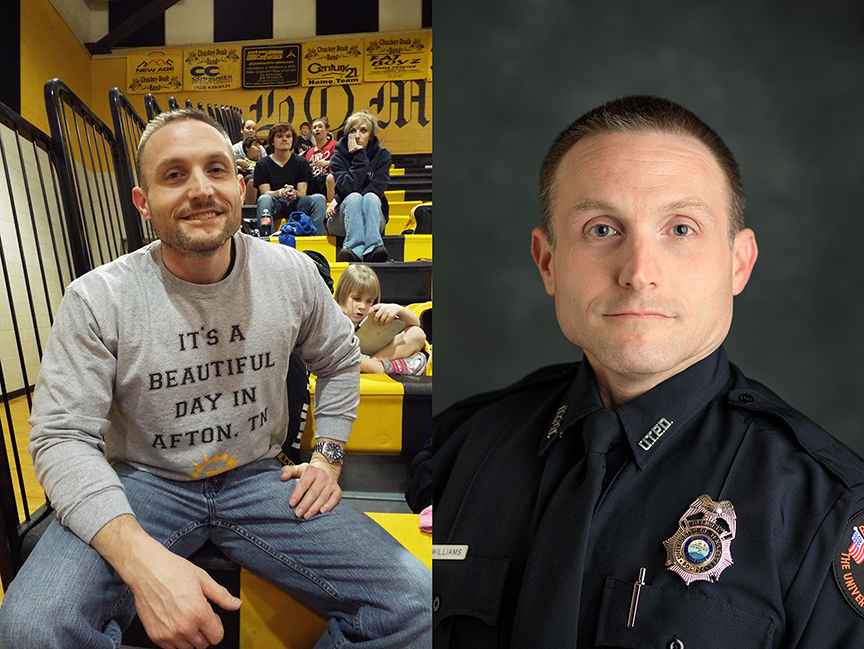 At left, Mike Williams attends a basketball game at Chuckey-Doak High School while assistant principal. At right, Williams' official UTPD portrait.