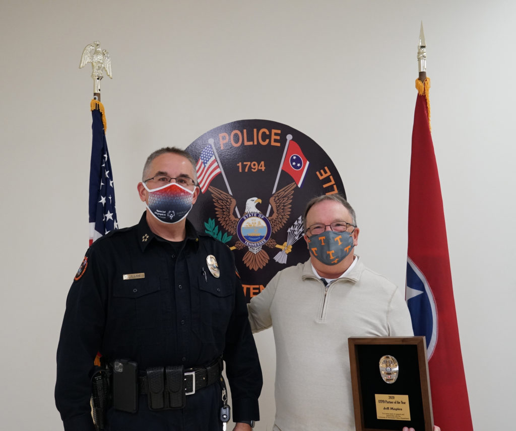 UTPD Chief Troy Lane honored Jeff Maples, a longtime UT partner for his advocacy and support of the department. Maples received the 2020 UTPD Partner of the Year Award.