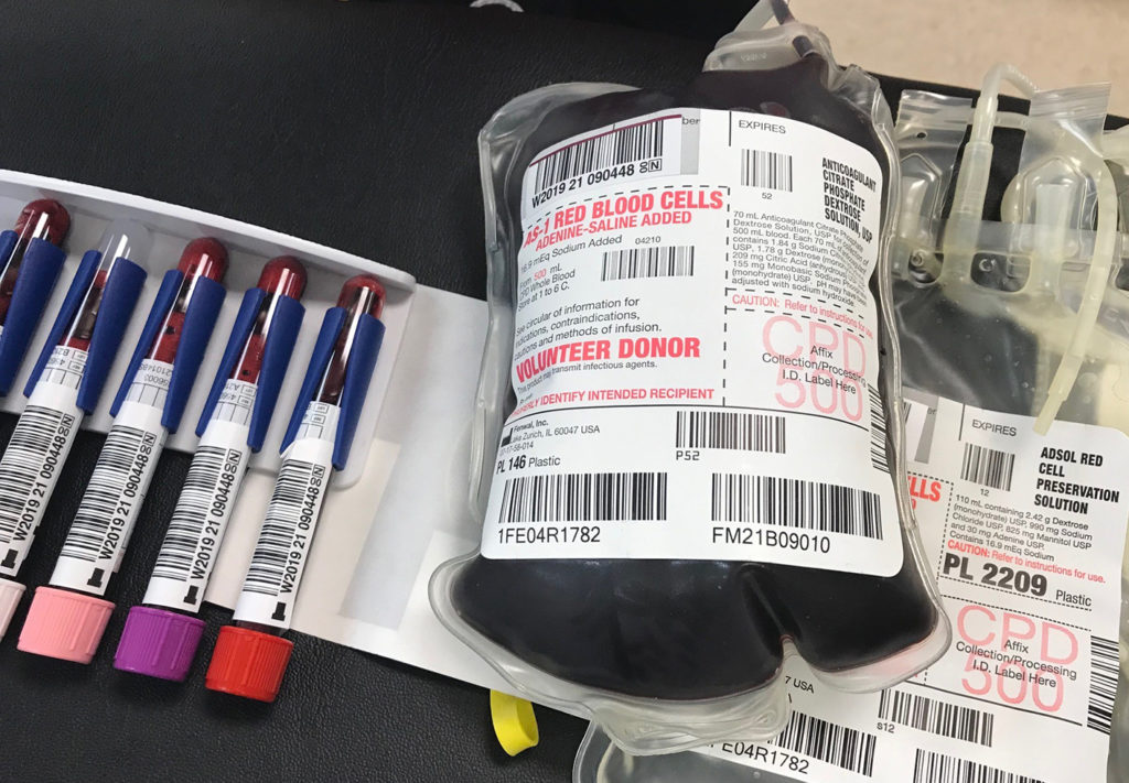 A pint of blood donated at the UTPD blood drive