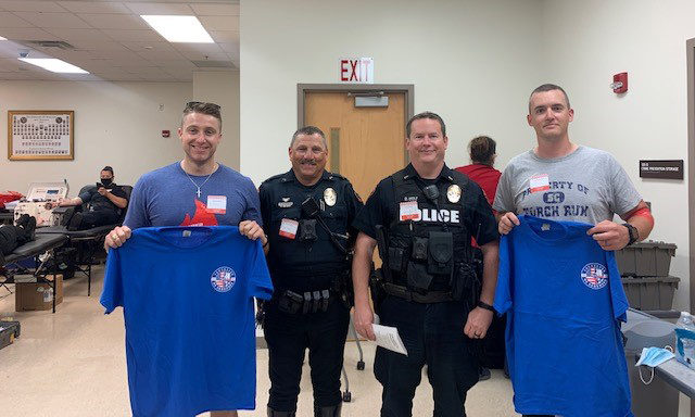 From left: Officer Ethan Long, Corporal Billy Pike, Lieutenant Dale Wolf and Officer Chris Colby after their blood donations.