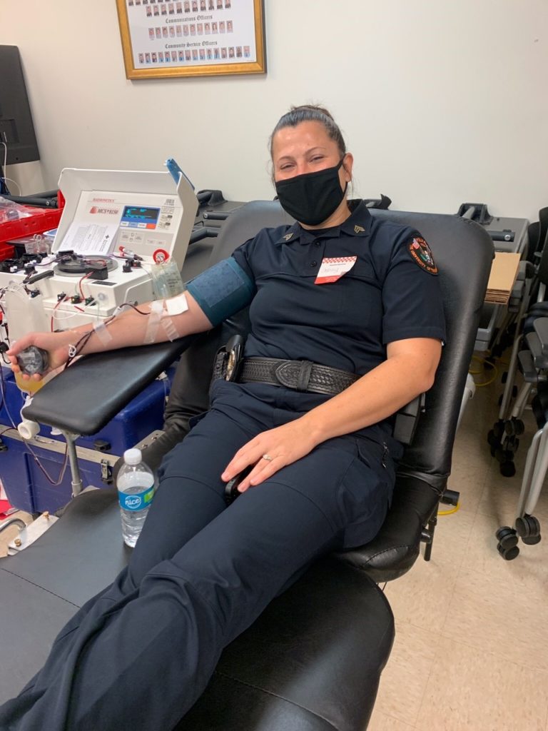 Sergeant Ashley Stonerock during her blood donation.